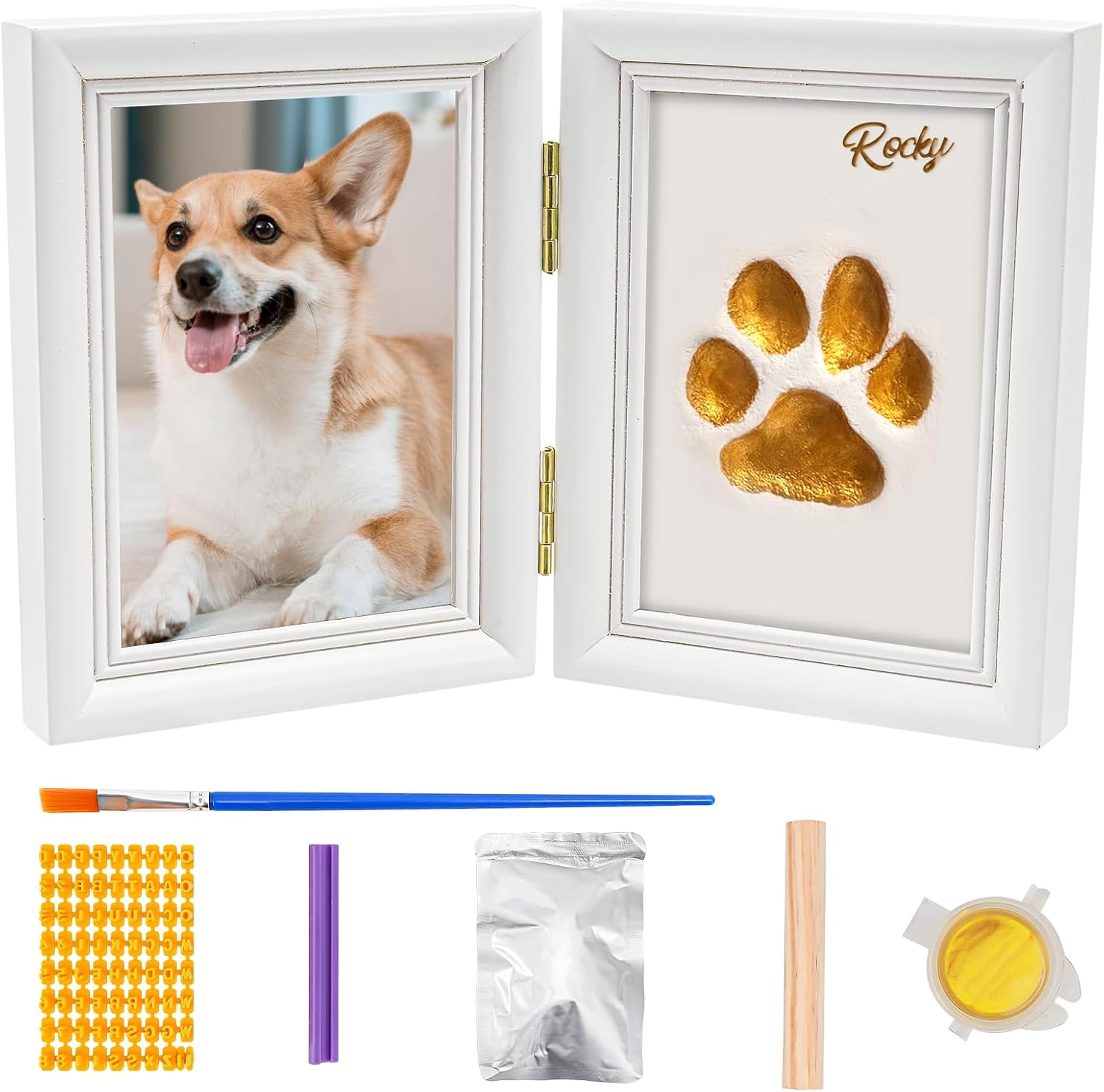 Paw Print Kit with Picture Frame and Imprint Clay, Pawprints Impression Keepsake for Dogs Cats, Memorial Desk Display for Pets -White